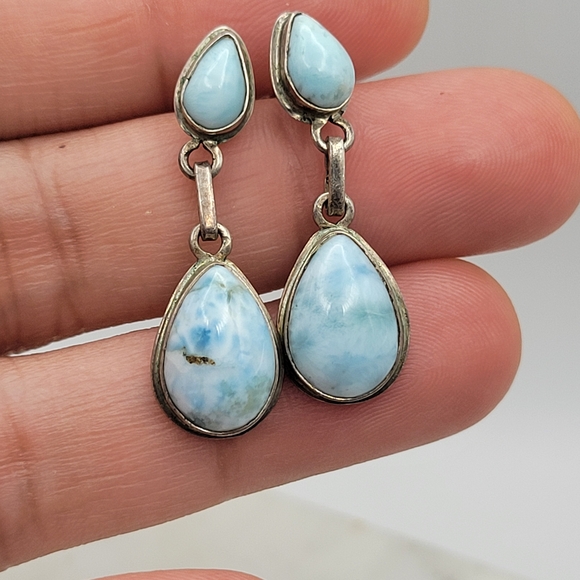 Gorgeous Genuine Larimar Sterling Silver Teardrop Earrings - Picture 4 of 10